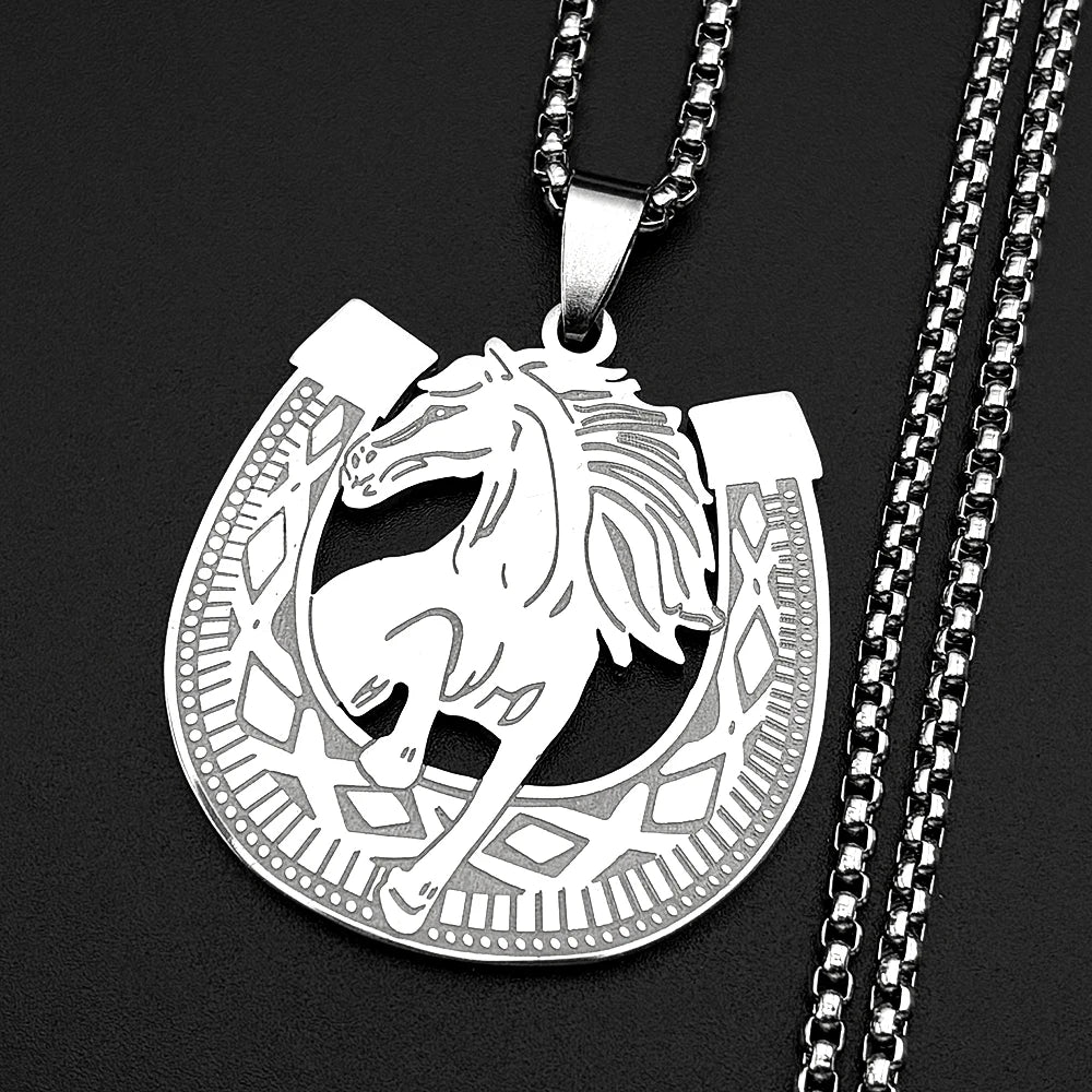 Horseshoes Horses U Shape Pendant Necklace For Women Men Stainless Steel Gold Color Animal Cowboy Male Daily Wear Chain Jewelry