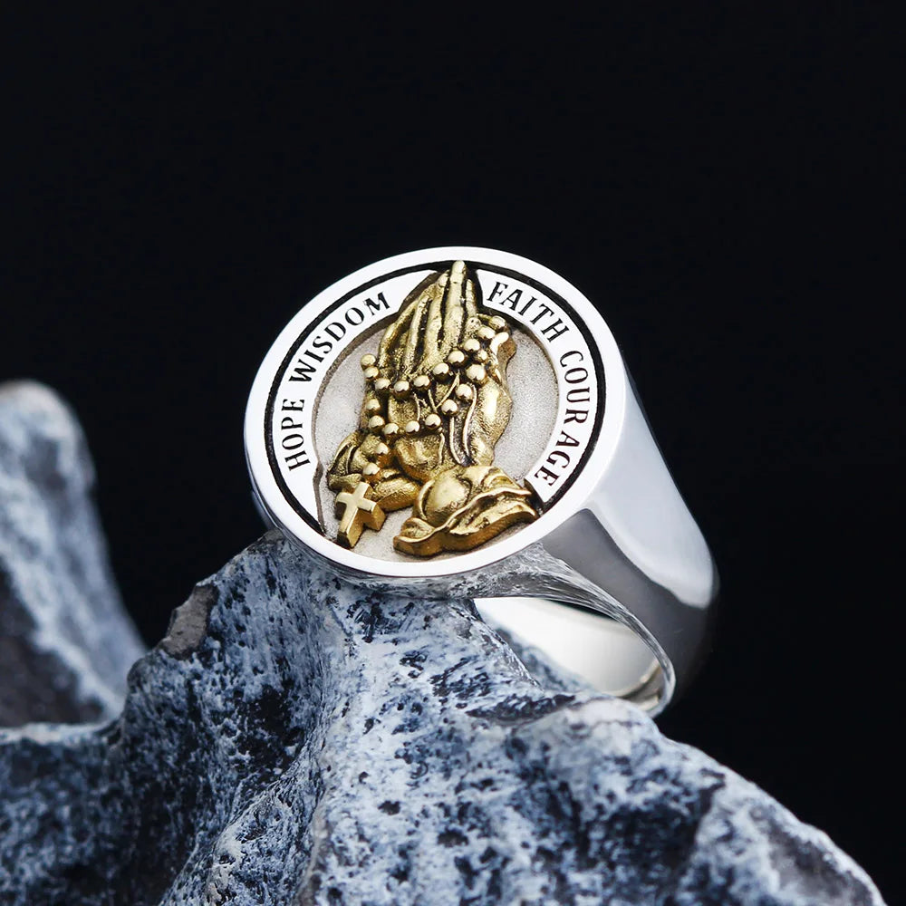Praying Hands Cross Ring — 925 Silver