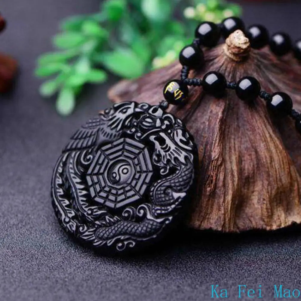 Natural Black Obsidian Hand Carved Chinese Dragon Phoenix Amulet BaGua Necklaces For Men Women Luck Mascot Amulet Male Necklace