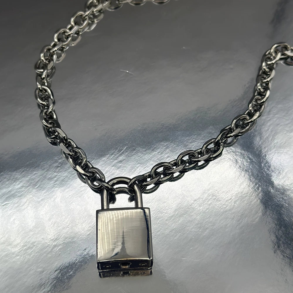 Punk Solid Stainless Steel Chain Oversized Padlock Necklace Women Mens Unisex Chunky Heavy Lock Key Necklace Handmade Jewelry