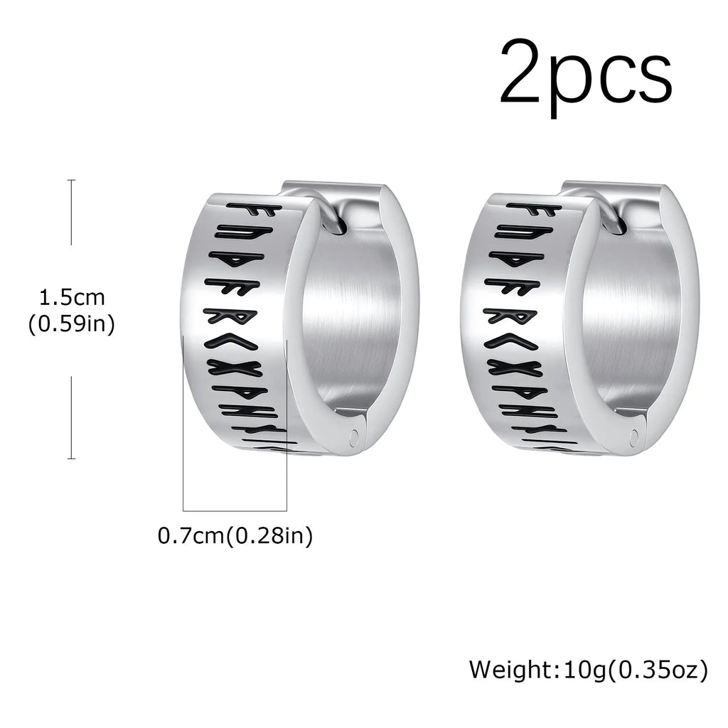 Norse Viking Rune Huggie Hoop Earrings — Two-Tone Steel