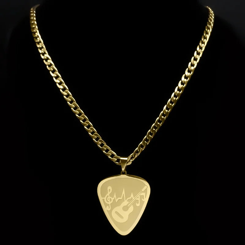 Guitar Pick Gold Pendant Necklace — Stainless Steel