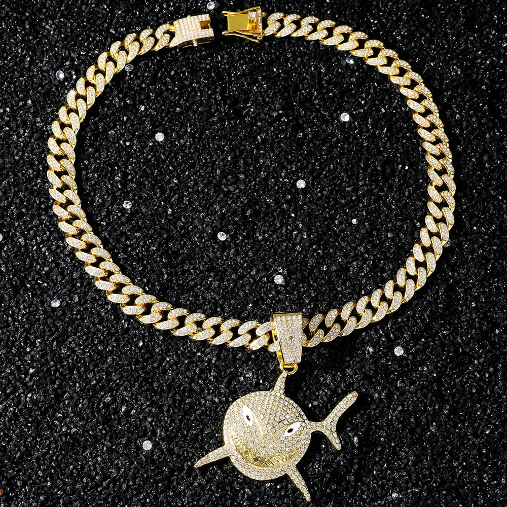 Big Size Shark Pendant Necklace For Men Hip Hop Bling Jewelry With 13mm Iced Out Rhinestone Miami Cuban Chain Fashion