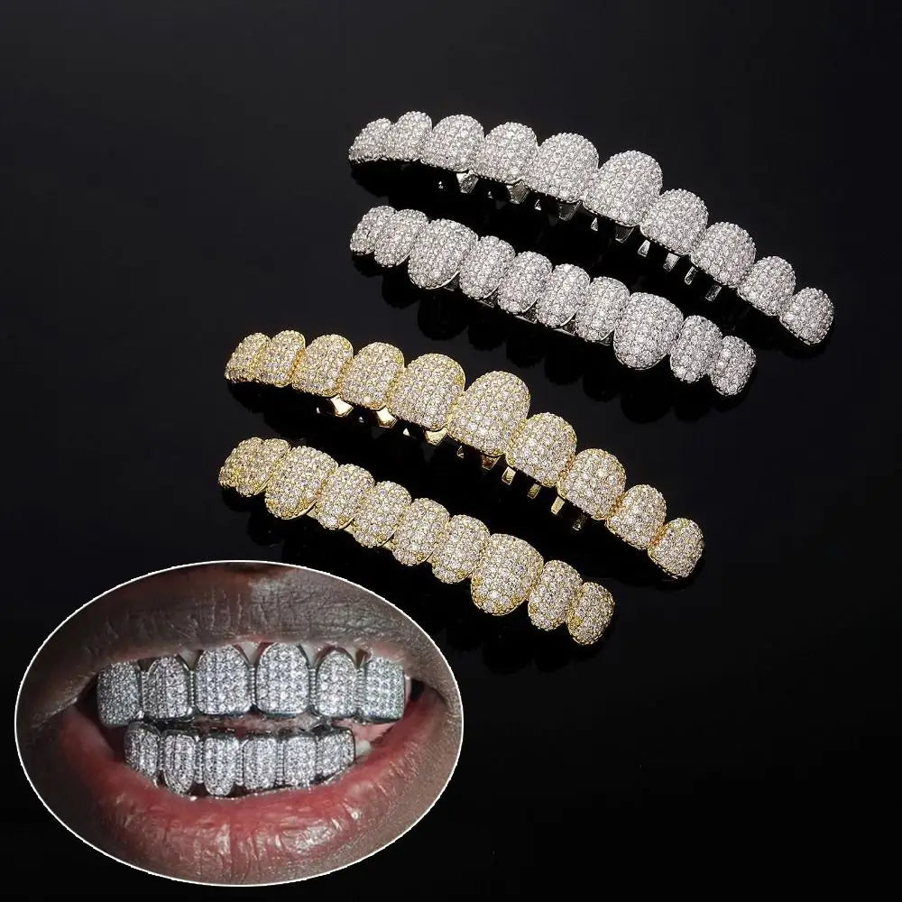 Rhinestone Teeth Grillz Set Top & Bottom Hollow Removable Caps