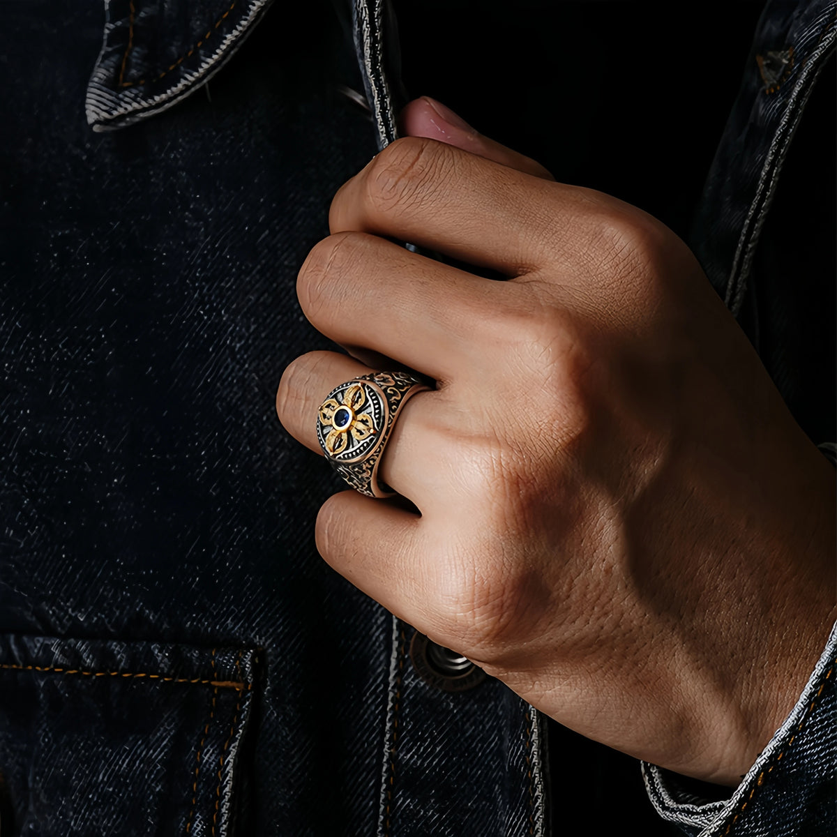 Tibetan Vajra Adjustable Open Ring — Golden Two-Tone Band