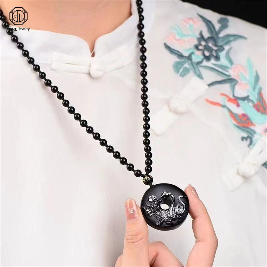 Natural Black Obsidian Xuanwu Tortoise Snake Pendant Five Elements Water Element Feng Shui Amulet Unisex Men Women Necklace