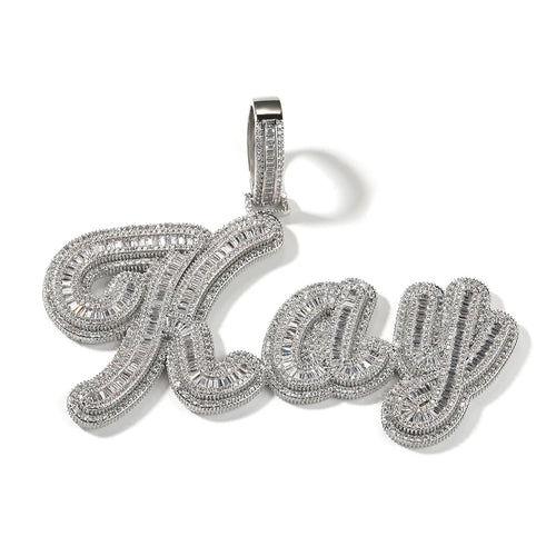Baguette CZ Cursive Name Pendant — Stainless Steel