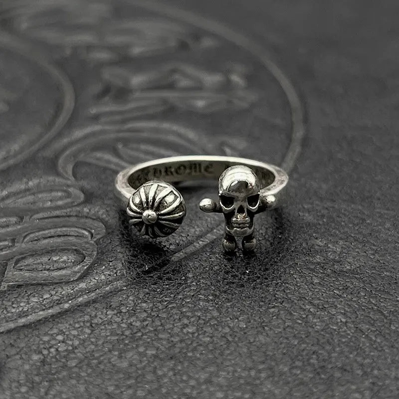 S925 Sterling Silver Vintage Cross Ball Skull Man Opening Fine Ring Men's Medieval Non-Fading Niche Premium