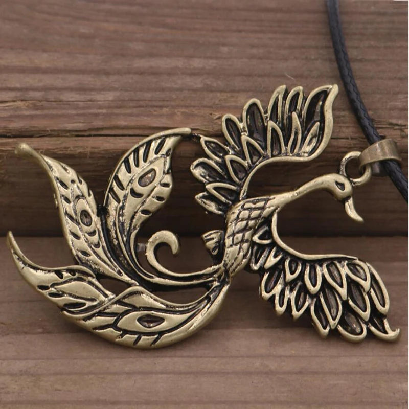 Vintage Phoenix Pendant Necklace — Black Cord, Animal Medal