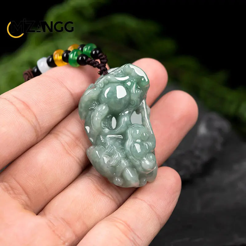 Natural Myanmar Jadeite A Cargo Pixiu Ice Oil Green Pendant  Hand-carved Fashion Lucky Charms for Men and Women Jade Necklace