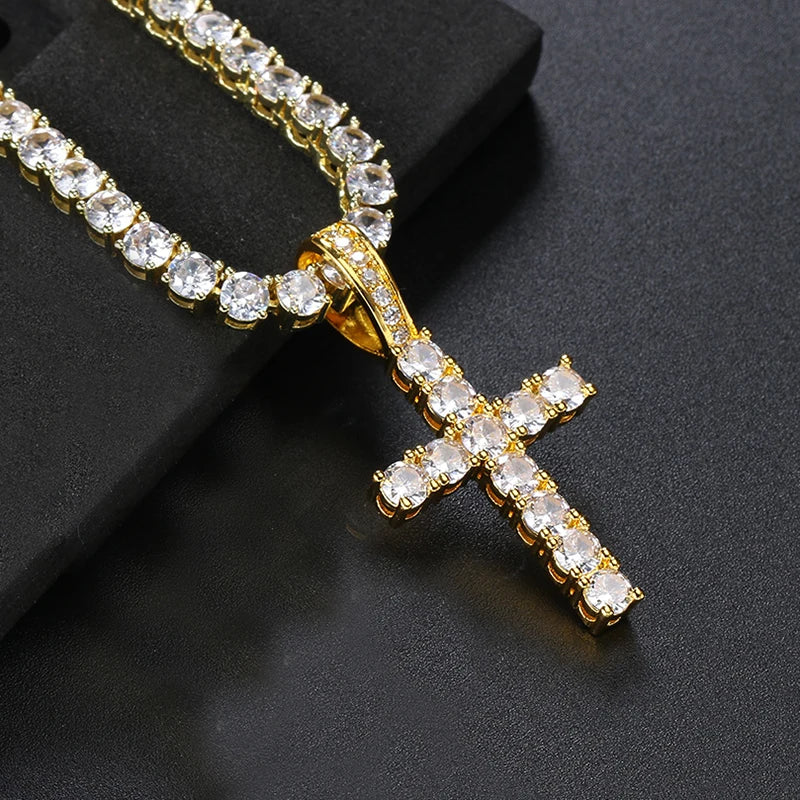 Iced Out Tennis Cross Pendant — Gold