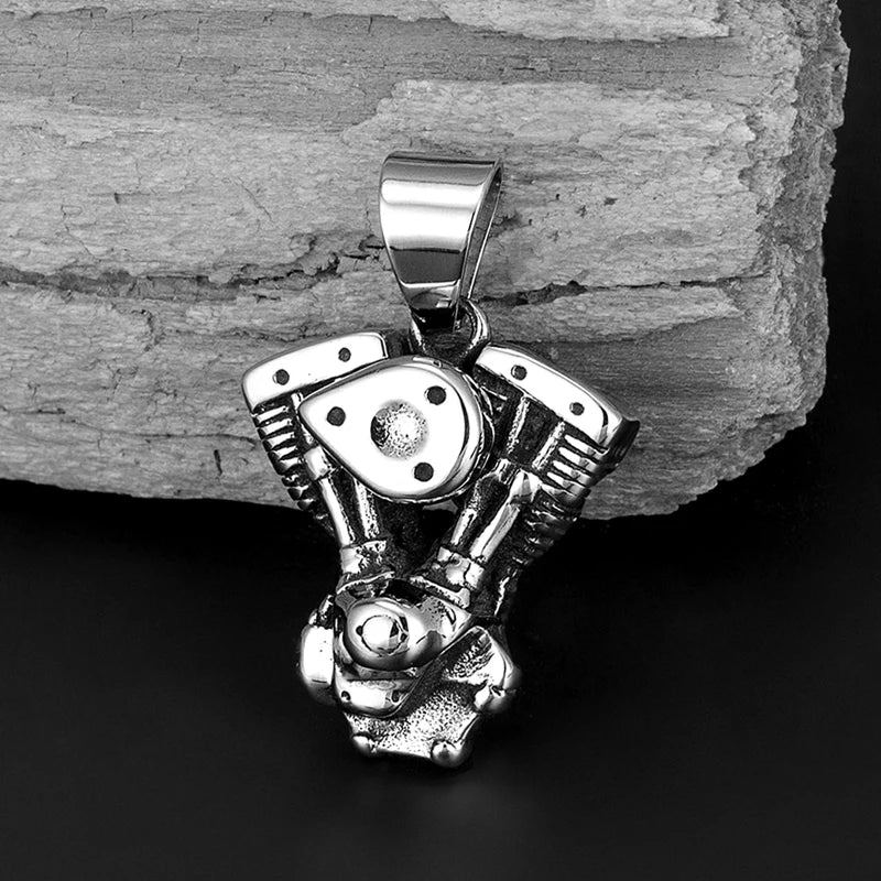 Male Retro Motorcycle Engine Pendant Necklace Men Hip Hop Street Culture Stainless Steel Fashion Trendy Necklace Boy Jewelry New