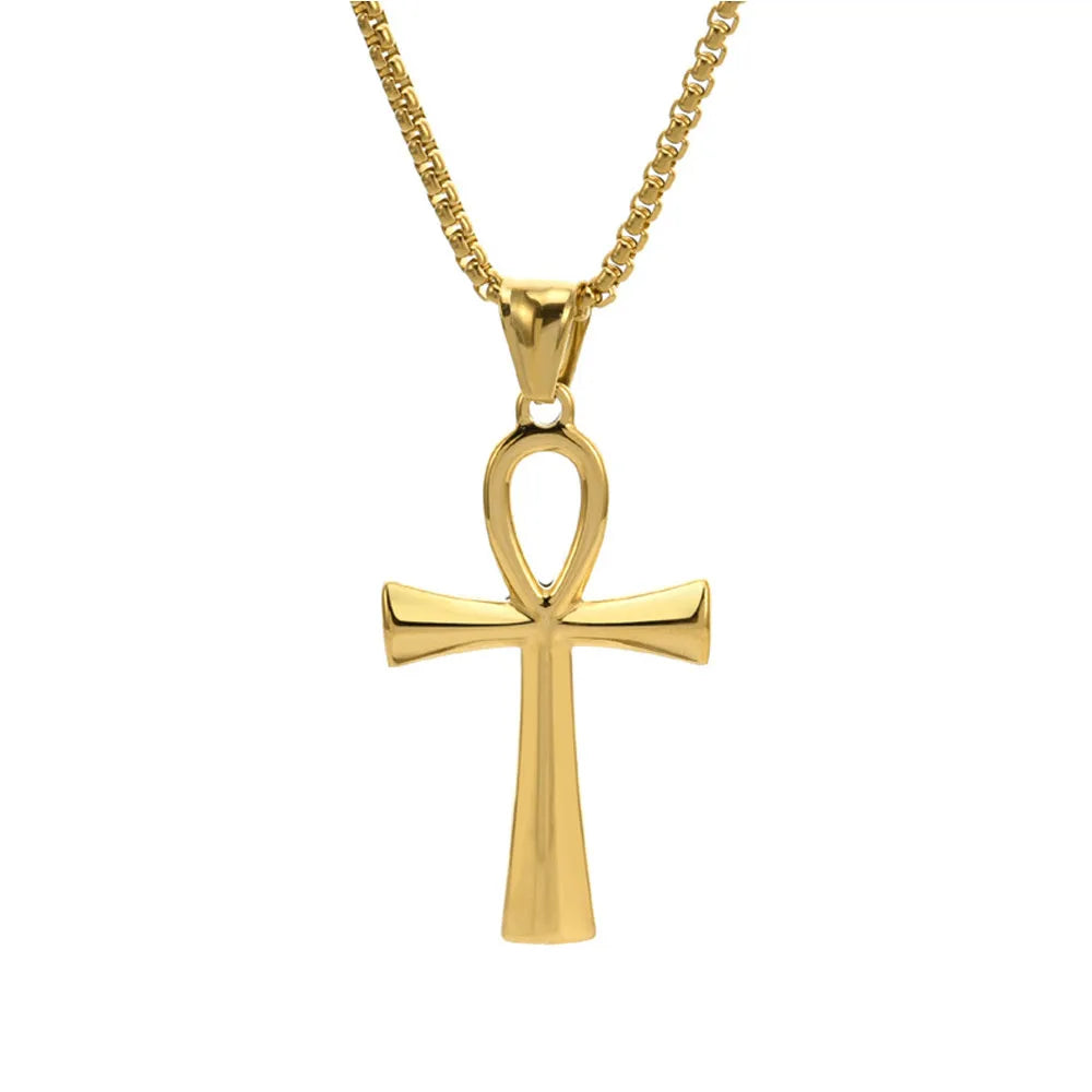 Retro Simple Egyptian Anka Cross Stainless Steel Pendant Necklace Popular Fashion Men and Women Outdoor Party Myth Jewelry Gifts