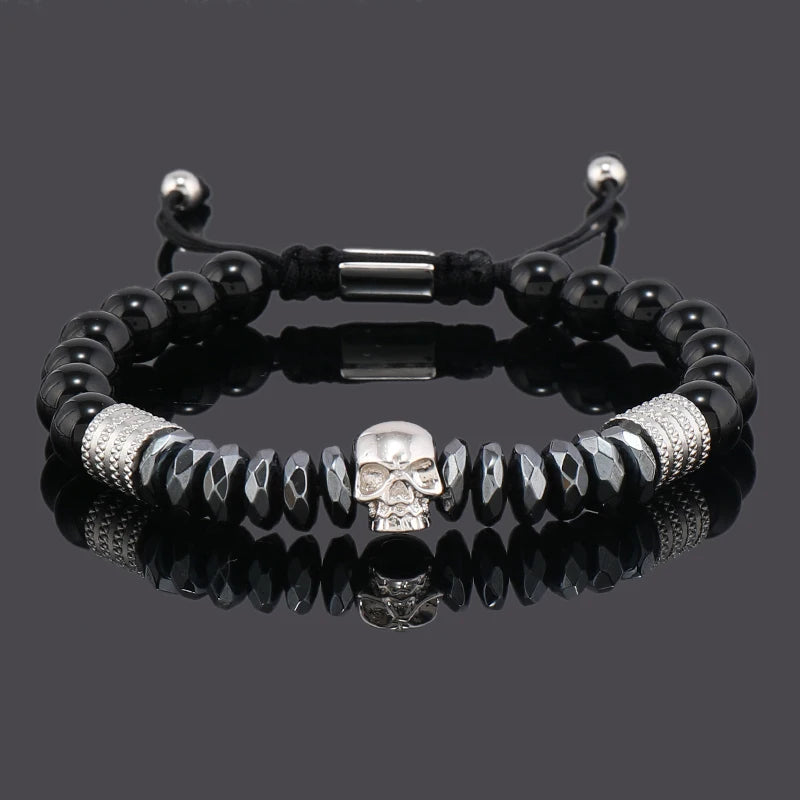 Luxury Black Natural Stone Beads Skull Crown Leopard Head Charms Man Bracelet For Women Hand Jewelry Gift