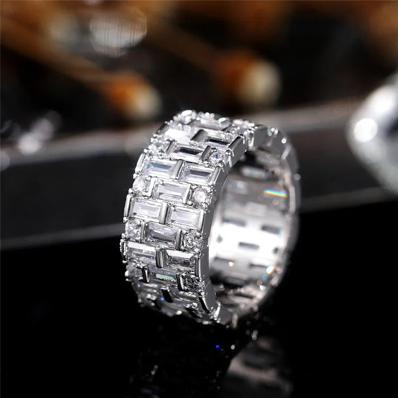Geometric CZ Wedding Ring for Women — Silver-Tone Band