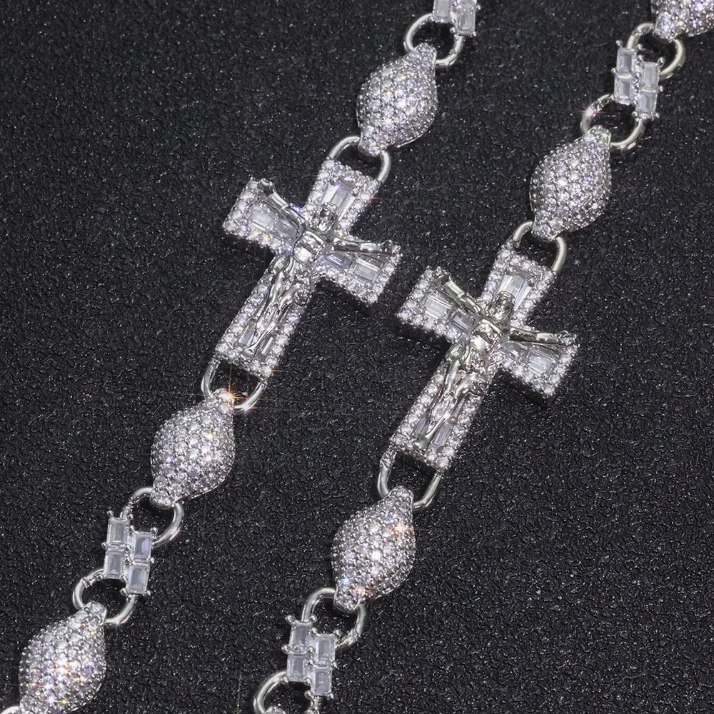 Cross Iced Out Rosary Chain Necklace Stainless Steel