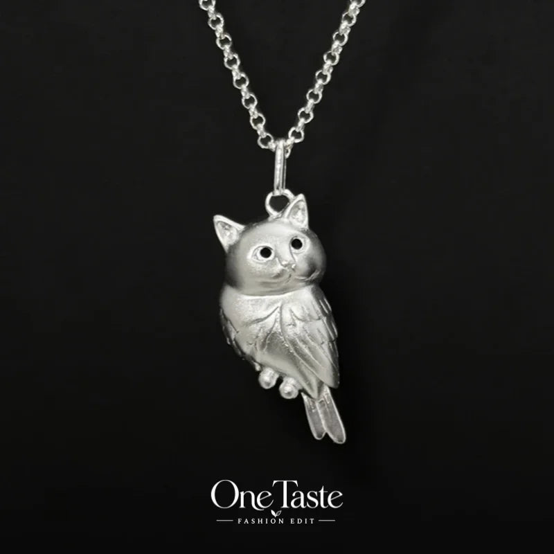 Golden Silver Colored Textured 3D Cute Owl Bird Necklace Pendant Women Lovely Animal Fashion Chic Dainty Pendant