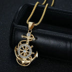 Iced Out Anchor Ship Wheel Pendant Necklace — Stainless Steel