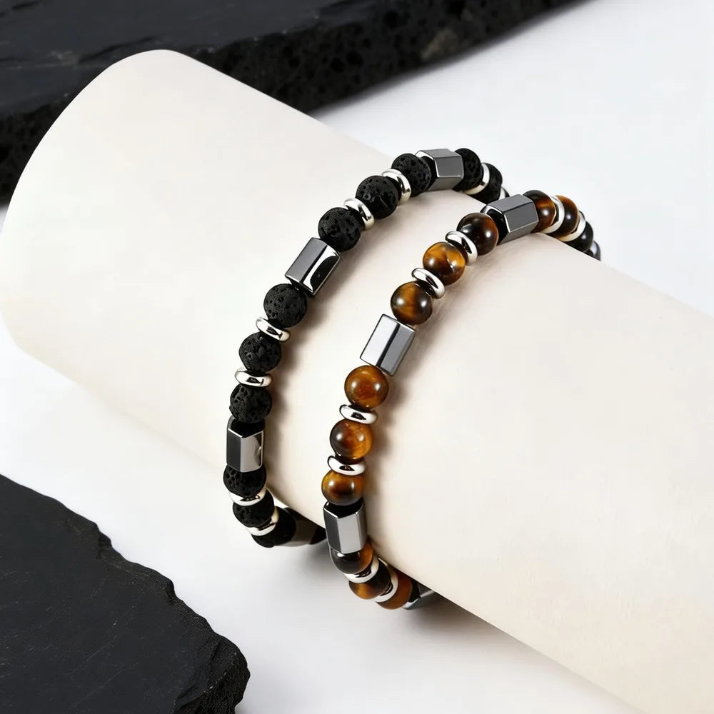 Hip Hop Men's Bracelet,Stainless Steel Adjustable Tiger Eye Stone Metal Beaded Bracelet,Party Birthday Gift for Him