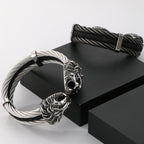 Gothic Elastic Double Lion Face Head Open Cuff Bangle Bracelet For Man Stainless Steel & Leather 12MM Twist Chain Mens