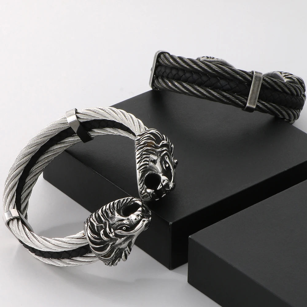 Gothic Elastic Double Lion Face Head Open Cuff Bangle Bracelet For Man Stainless Steel & Leather 12MM Twist Chain Mens