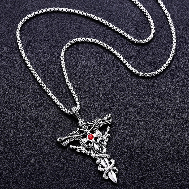 Silver Cross Pendant Necklace Vintage Red Stone