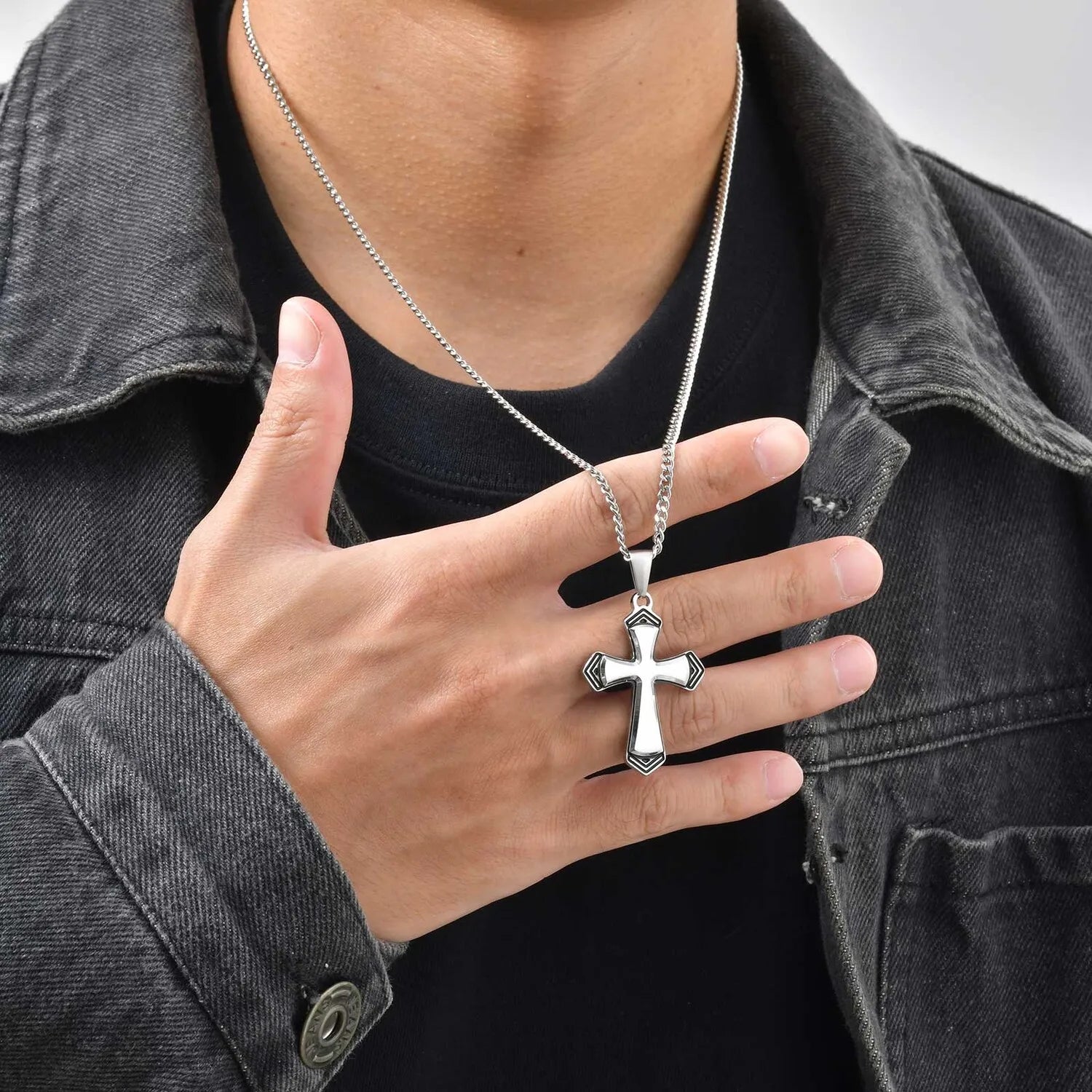 Cross Silver Cuban Chain Pendant Necklace