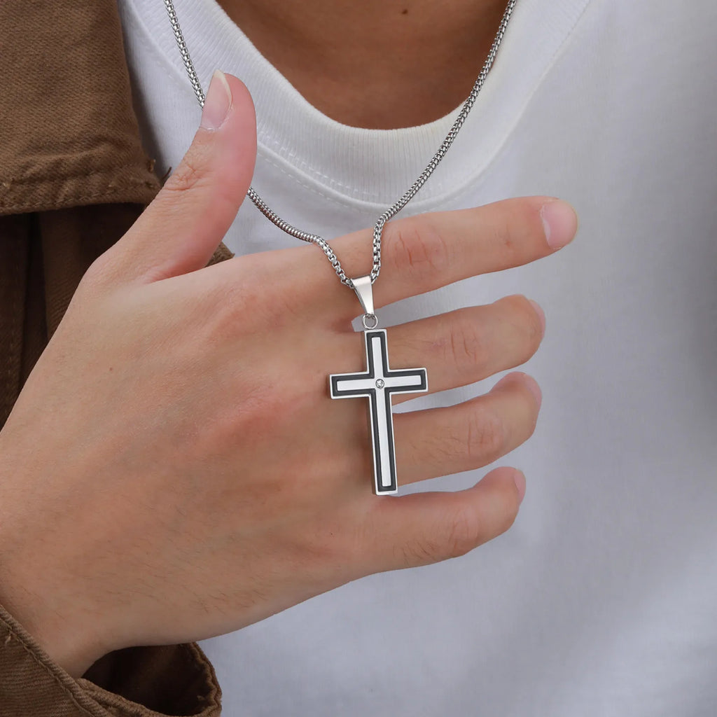 Iced Out Cross Black Pendant Necklace — Stainless Steel