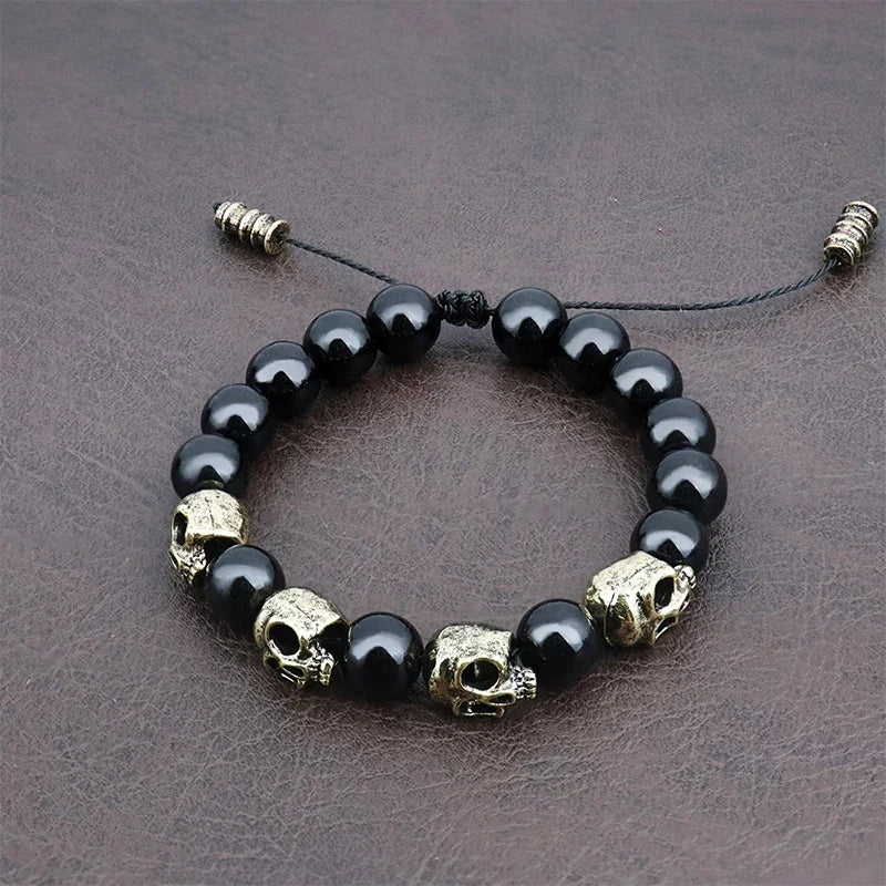 Trendy Agate Skull Bracelet Men's Vintage Adjustable Tiger's eye Bracelets Male Punk Hip Hop Charm Jewelry