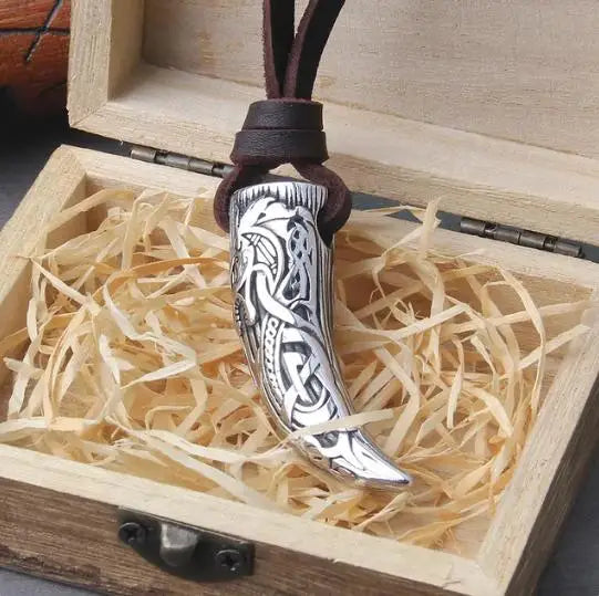 Viking Wolf Tooth Pendant Necklace - Stainless Steel Norse Rune & Celtic Knot, Men's Pagan Jewelry with wood box
