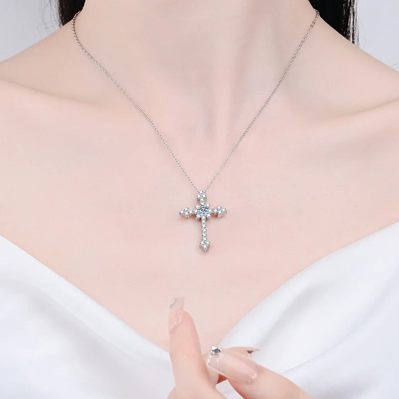 Women's PT950 Platinum Necklace - Full-Diamond Cross Moissanite Design, 50 Points & 1 Carat Options, Elegant Daily
