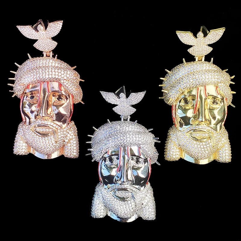 Hip Hop 5A+ CZ Stone Paved Bling Ice Out Pigeon Jesus Piece Pendants Necklaces for Men Rapper Jewelry Rose Gold Silver Color