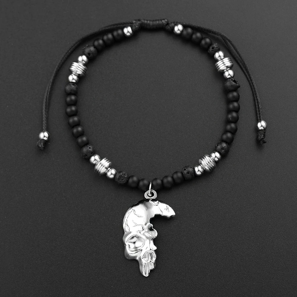 Gothic Half Skull Pendant Bracelet Black Lava Stone Beaded Adjustable Wax Rope Bracelets Men Punk Rock Jewelry