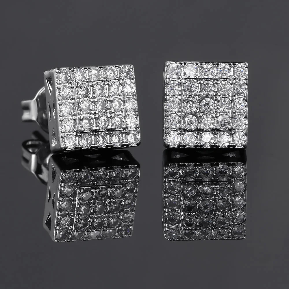 Silver Iced Out Square Stud Earrings CZ