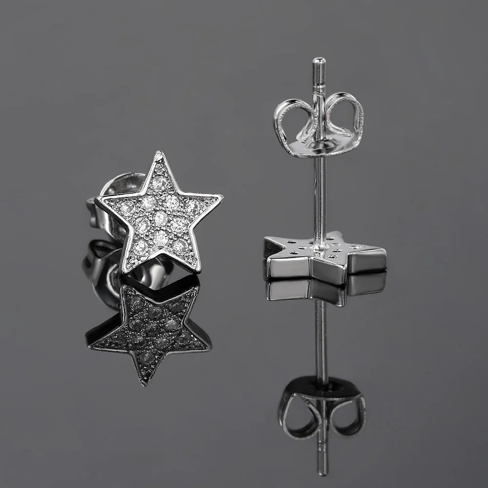 Iced Out Star Stud Earrings Stainless Steel CZ