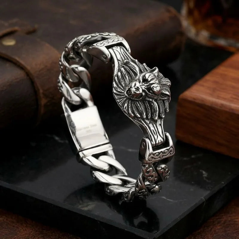 Massive Vintage Skull Wolf Head Cuff Man Bracelet for Men Gothic Punk Stainless Steel Bangle Heavy Metal Jewelry