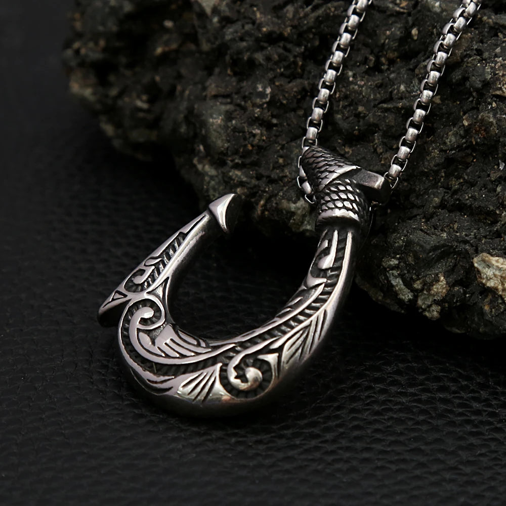 Tribal Swirl Fish Hook Stainless Steel Pendant Necklace Coastal Protective Marine Themed  Men Fishing Beach Casual Holiday Gift
