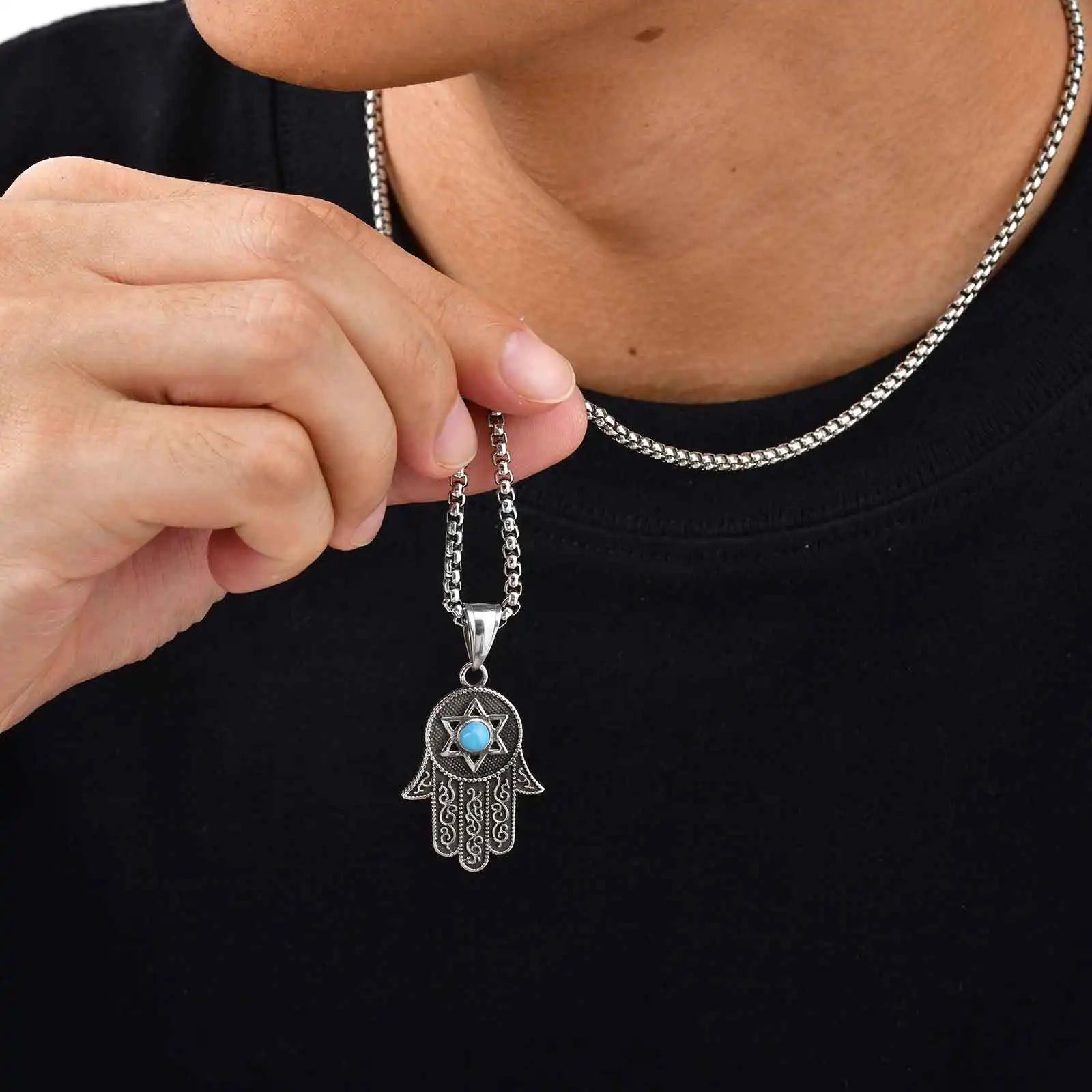 Turquoise Hexagram Pendant Necklace — Stainless Steel