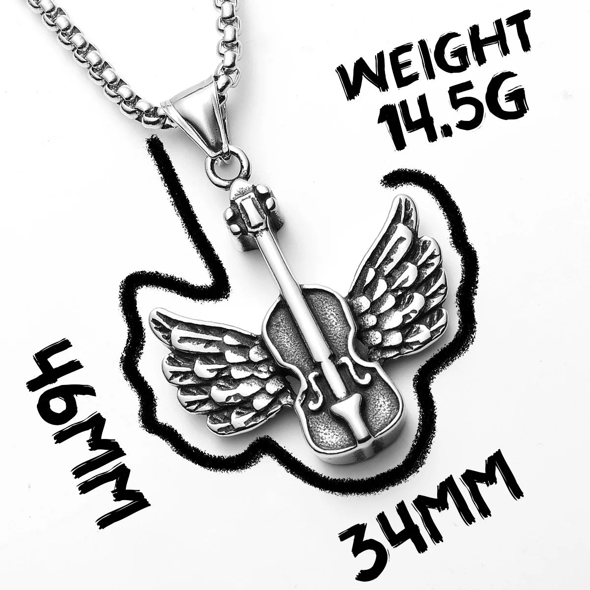 Angel Wings Violin Pendant Necklace Stainless Steel