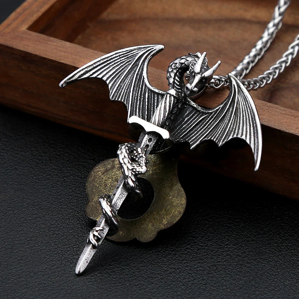 Fashion Flying Dragon Necklace Stainless Steel Punk Sword Pendant Necklace For Men Unique Amulet Jewelry Gift