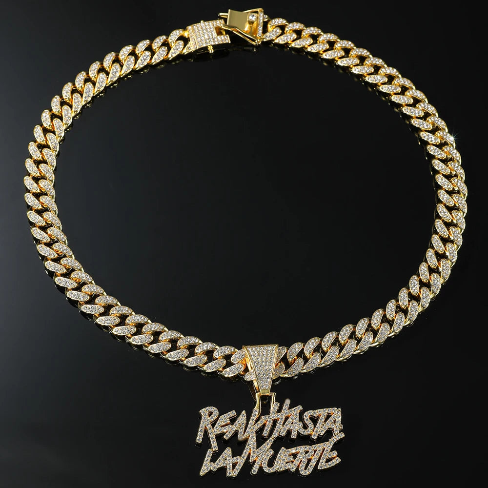 Men Hip Hop Double Row Spliced Letters Pendant Necklace with 13mm Cuban Chain Hiphop Iced out Necklace Fashion Punk Jewelry Gift
