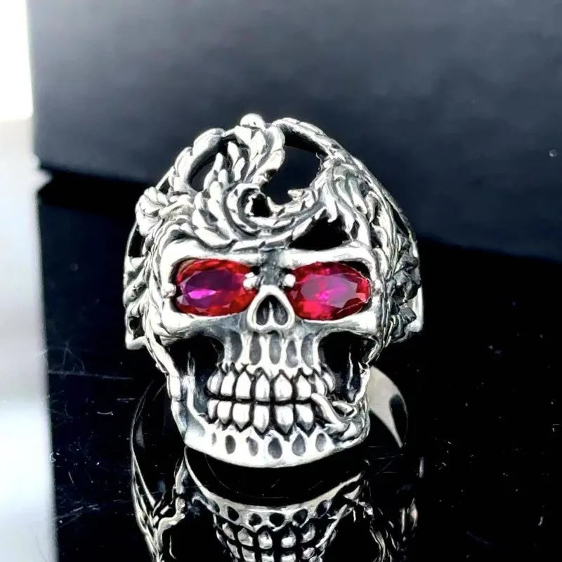 European and American new fashion skull shape red zircon inlaid punk retro men's ring