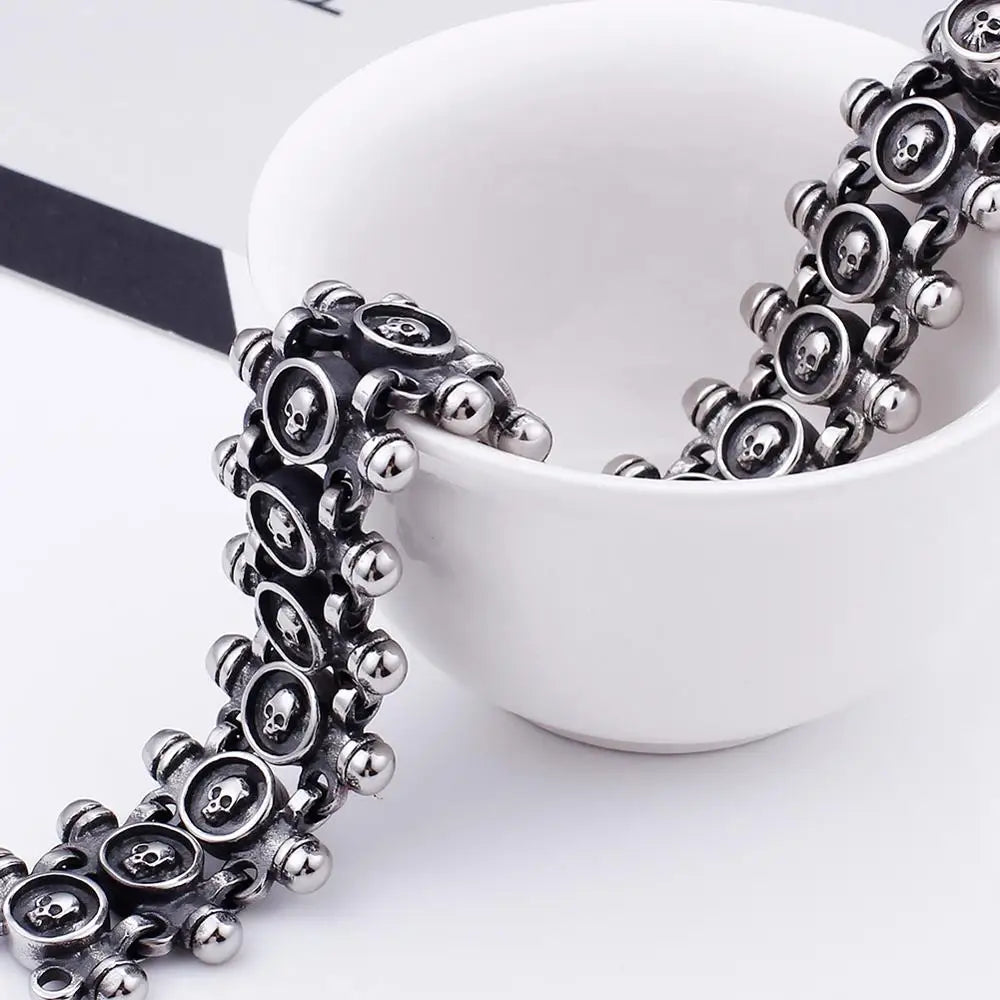 Gothic Men's Skull Heads Link Chain Bracelet for Man Punk Rock Stainless Steel Unique Masculine Skeleton Jewelry Gifts