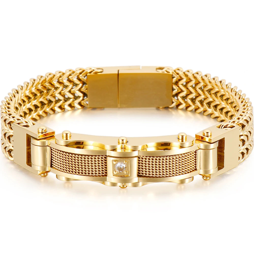 Stainless Steel Bracelet for Men 12MM Width Square Franco Link Chain Men's Bracelets With CZ & Magnet Clasp Gold Color