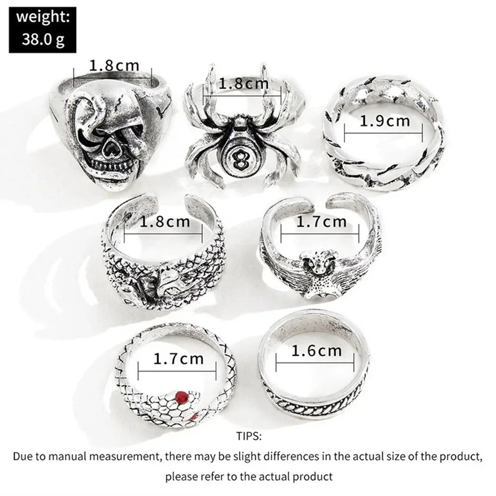 Spider Bat Skull Snake Ring Set — Stainless Steel
