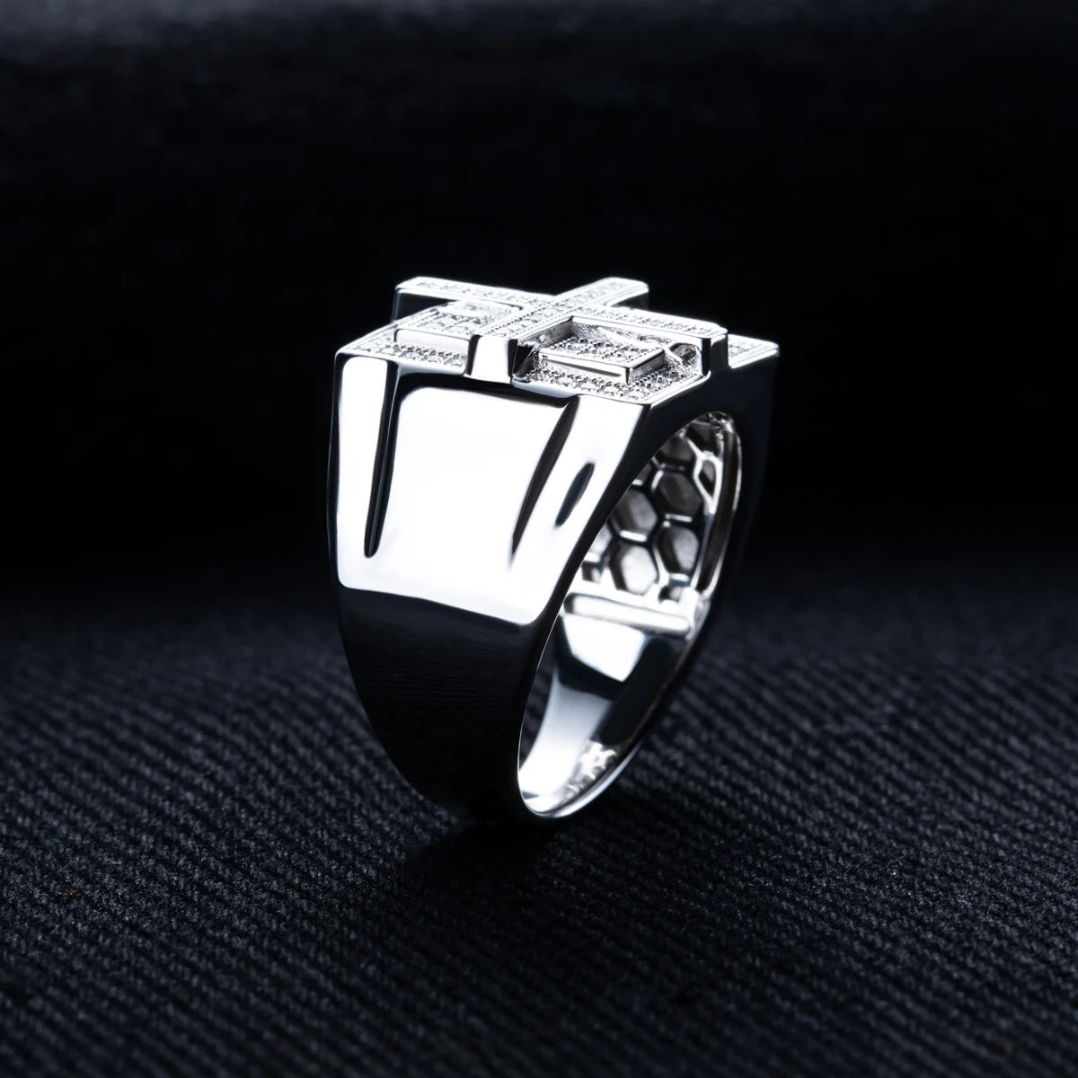 Iced Out Cross Ring — Two-Tone Silver Gold