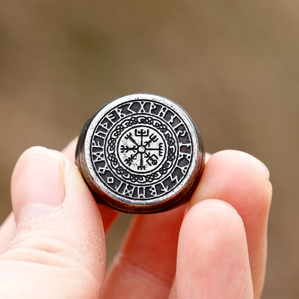 Viking Compass & Crow Rune Ring — Odin, Stainless Steel