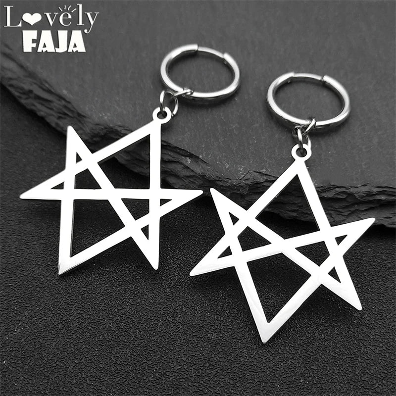 Hexagram Silver Hoop Earrings — Stainless Steel