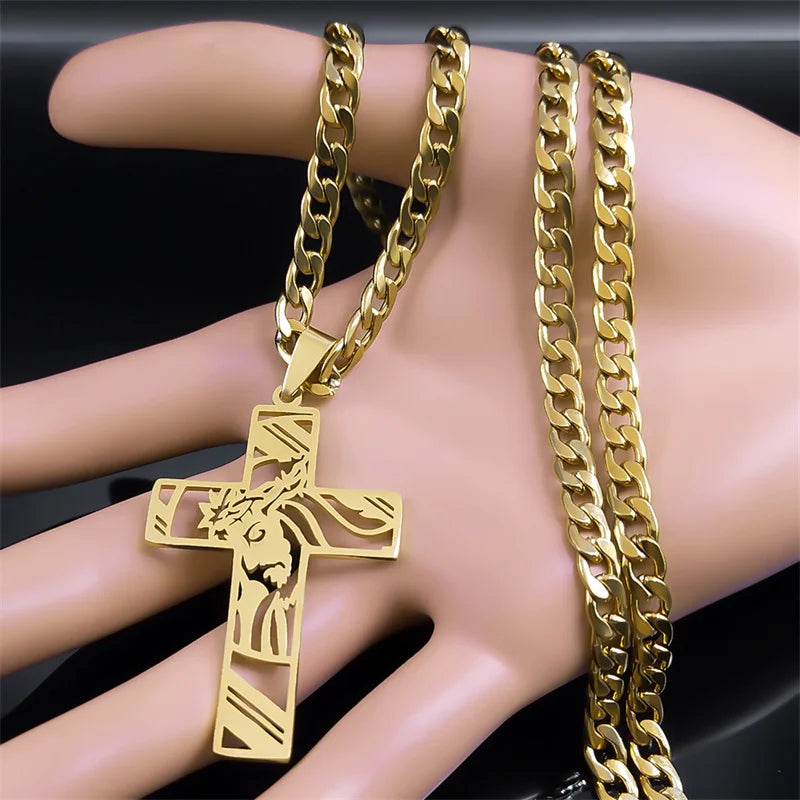 Hip Hop Punk Crown of Thorns Jesus Cross Necklace for Men Stainless Steel Gold Plated Crucifix Pendant Necklaces