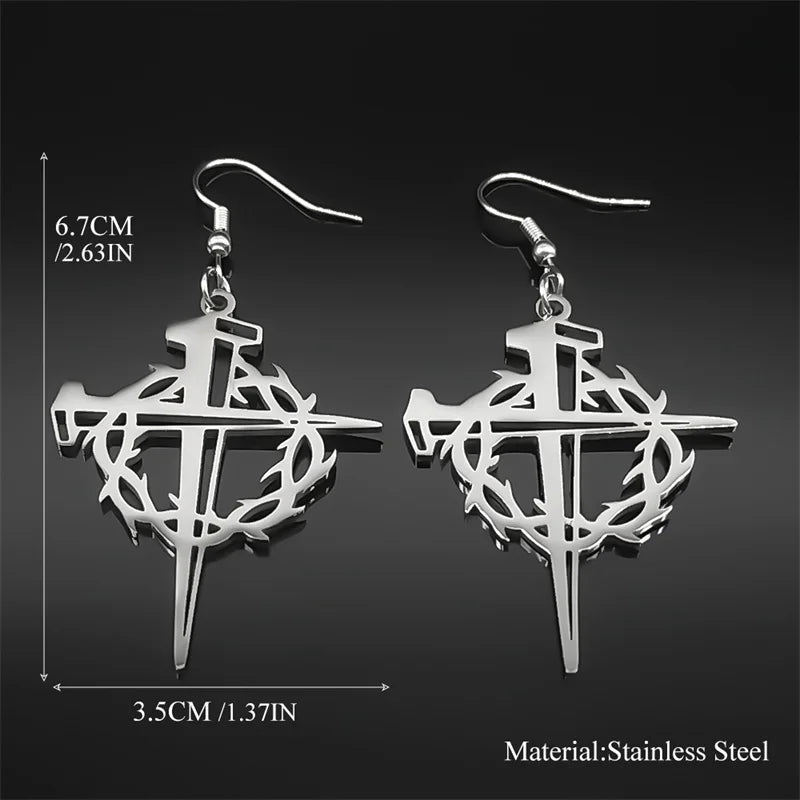Jesus Crown Thorns Silver Earrings Drop Christian